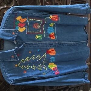 1980s Christmas vintage denim long sleeve shirt embroidered design